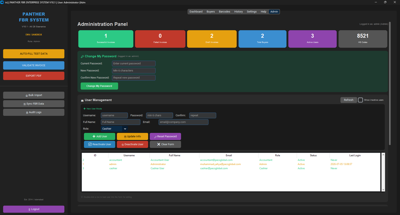 Panther FBR Enterprise v10.1.0 admin panel — invoice stats, user management, 8,521 HS codes loaded