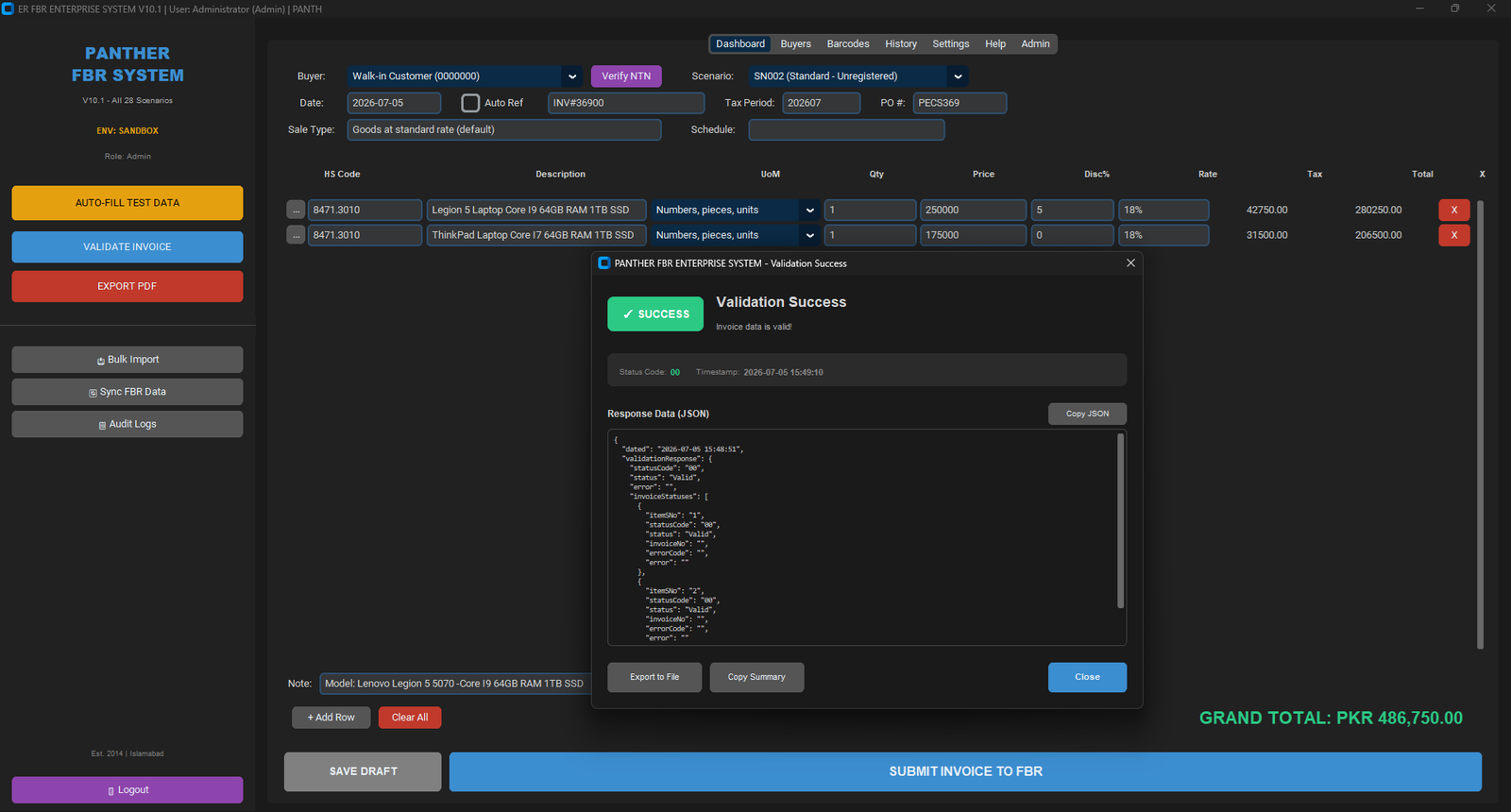 Panther FBR Enterprise v10.1.0 dashboard — buyer selection, HS code entry, grand total PKR 141,600