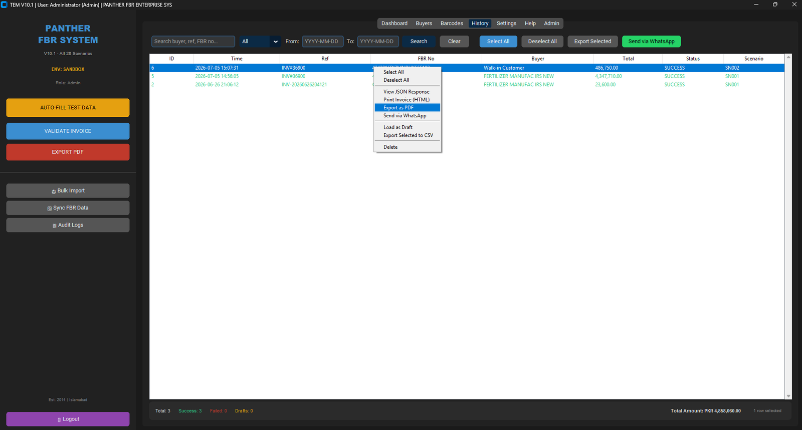 Panther FBR Enterprise invoice history — 3 success, 0 failed, WhatsApp send, CSV export