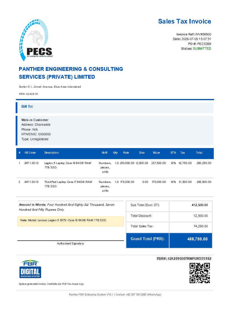 Panther FBR Enterprise — sample sales tax invoice with FBR number and QR code