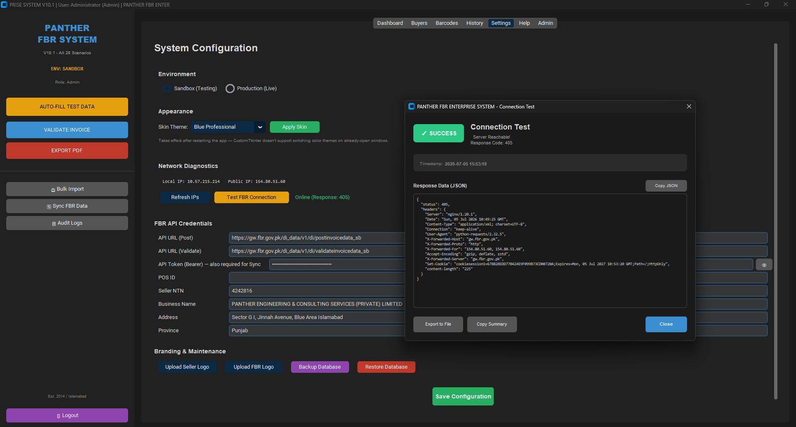 Panther FBR Enterprise v10.1.0 settings — FBR connection test showing response 405 success